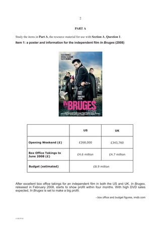 2


                                               PART A

Study the items in Part A, the resource material for use with Section A, Question 1.
Item 1: a poster and information for the independent film In Bruges (2008)




                                                      US                       UK



             Opening Weekend (£)                  £268,000                  £343,760


             Box Office Takings to
                                                 £4.6 million              £4.7 million
             June 2008 (£)


             Budget (estimated)                              £8.9 million




After excellent box office takings for an independent film in both the US and UK, In Bruges,
released in February 2008, starts to show profit within four months. With high DVD sales
expected, In Bruges is set to make a big profit.

                                                                - box office and budget figures, imdb.com




(1182-01A)
 