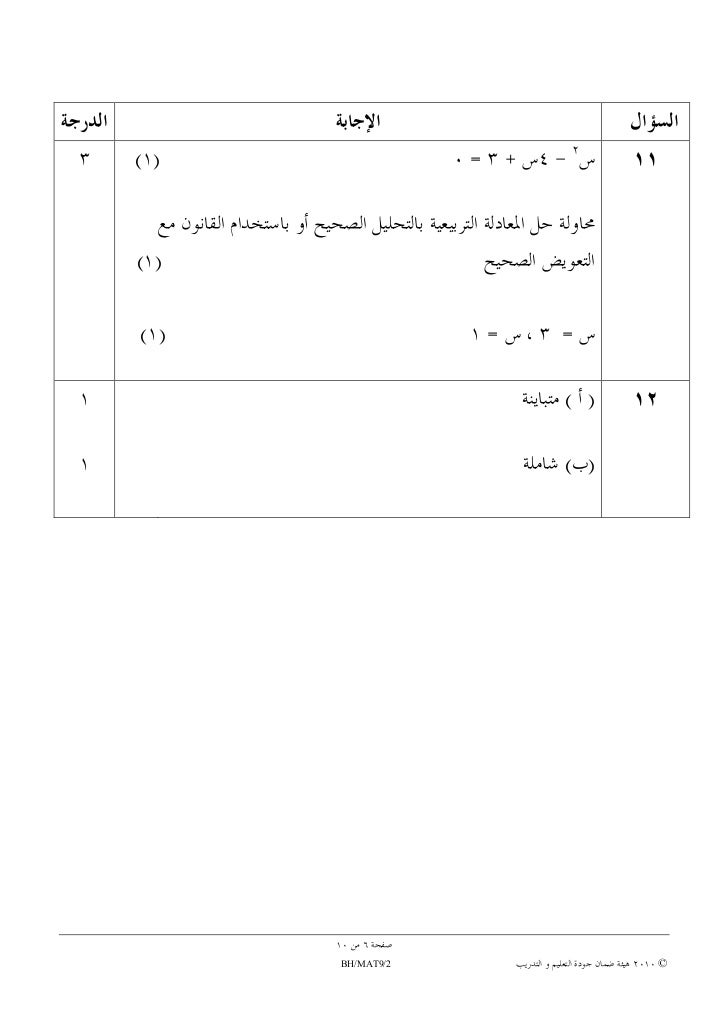 National Examiations 2010, QAAET, Bahrian, Maths grade 9 paper 2 ms