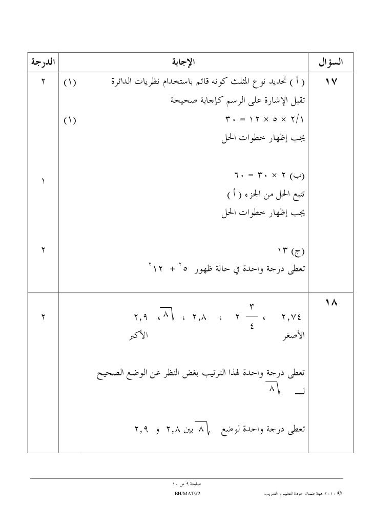 National Examiations 2010, QAAET, Bahrian, Maths grade 9 paper 2 ms