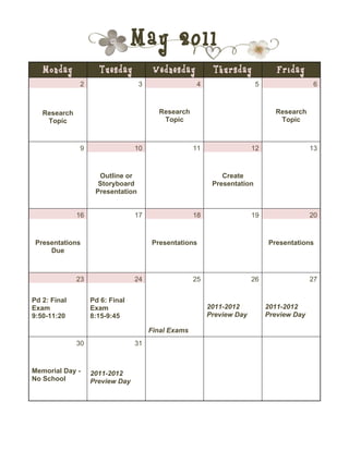 May 2011 calendar with research and presentation schedule | PDF