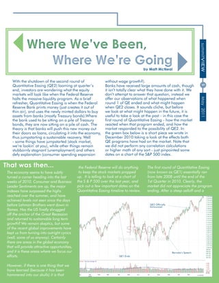 Where We’ve Been,




                                                                                                                                summitVIEW
                 Where We’re Going                                                       by matt mcneal


    With the shutdown of the second round of                     without wage growth?).
    Quantitative Easing (QE2) looming at quarter’s               Banks have received large amounts of cash, though




                                                                                                                                5
    end, investors are wondering what the equity                 it isn’t totally clear what they have done with it. We
    markets will look like when the Federal Reserve              don’t attempt to answer that question, instead we
    halts the massive liquidity program. As a brief              offer our observations of what happened when




                                                                                                                                May 2011
    refresher, Quantitative Easing is when the Federal           round 1 of QE ended and what might happen
    Reserve Bank prints money (just creates it out of            when QE2 closes. It sounds cliche, but before
    thin air), and uses the newly minted dollars to buy          we look at what might happen in the future, it is
    assets from banks (mostly Treasury bonds).Where              useful to take a look at the past - in this case the
    the bank used to be sitting on a pile of Treasury            first round of Quantitative Easing - how the market
    bonds, they are now sitting on a pile of cash. The           reacted when that program ended, and how the
    theory is that banks will push this new money out            market responded to the possibility of QE2. In
    their doors as loans, circulating it into the economy,       the green box below is a short piece we wrote in
    thus jumpstarting a sustainable recovery. Well               December 2010 taking a look at the effects both
    - some things have jumpstarted (stock market,                QE programs have had on the market. Note that
    we’re lookin’ at you), while other things remain             we did not perform any correlation calculations
    stubbornly stagnant (unemployment) and others                or higher math of any sort - just pinpointed some
    defy explanation (consumer spending expansion                dates on a chart of the S&P 500 index.

That was then...                                the Federal Reserve will do anything      The first round of Quantitative Easing
 The economy seems to have subtly               to keep the stock markets propped         (now known as QE1) essentially ran
 turned a corner heading into the last         up. It is telling to look at a chart of    from late 2008 until the end of the
 weeks of 2010. Consumer and Business          the S & P 500 over the last year, and      1st Quarter in 2010. Clearly, the
 Leader Sentiments are up, the major           pick out a few important dates on the      market did not appreciate the program
 indexes have surpassed the highs              Quantitative Easing timeline to review.    ending. After a steep selloff and a
 reached over the summer, and have
 achieved levels not seen since the days
 before Lehman Brothers went down in                                                        QE2 Officially
                                                                                            Announced
 flames. Has the US finally shrugged
 off the anchor of the Great Recession
 and returned to sustainable long term
 growth? We remain skeptics, but some
 of the recent global improvements have
 kept us from turning into outright cynics
 (well, some of us anyway). Certainly
 there are areas in the global economy
 that will provide attractive opportunities,
 and it is these areas where we focus our                                                                    Bernake’s Speech
 efforts.                                                                   QE1 Ends


 However, if there is one thing that we
 have learned (because it has been
 hammered into our skulls) it is that                   www.summitcreekcapital.com
 