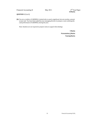  
 
Financial Accounting II May 2011 2nd
Year Paper
  10  Financial Accounting II (FA) 
18 Marks 
QUESTION 3 (Cont’d) 
 
(b)  You are a creditor of CARSWELL Limited who is owed a significant, but not overdue, amount 
at year end.  You have been asked by your managing director to prepare a note outlining the 
cash performance of CARSWELL during the year. 
 
Note: Students are not required to prepare ratios to support their findings. 
 
 5 Marks 
 Presentation 2 Marks 
  Total 25 Marks 
                                         
 
 
 
 
 
 
   
 