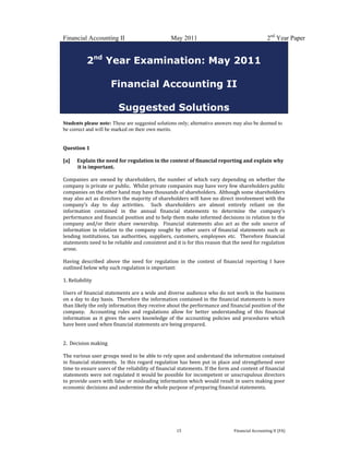 
 
Financial Accounting II May 2011 2nd
Year Paper
  15  Financial Accounting II (FA) 
2nd
Year Examination: May 2011
Financial Accounting II
Suggested Solutions
 
Students please note: These are suggested solutions only; alternative answers may also be deemed to
be correct and will be marked on their own merits.
 
Question 1 
 
[a]      Explain the need for regulation in the context of financial reporting and explain why 
it is important. 
 
Companies are owned by shareholders, the number of which vary depending on whether the 
company is private or public.  Whilst private companies may have very few shareholders public 
companies on the other hand may have thousands of shareholders.  Although some shareholders 
may also act as directors the majority of shareholders will have no direct involvement with the 
company’s  day  to  day  activities.    Such  shareholders  are  almost  entirely  reliant  on  the 
information  contained  in  the  annual  financial  statements  to  determine  the  company’s 
performance and financial position and to help them make informed decisions in relation to the 
company  and/or  their  share  ownership.    Financial  statements  also  act  as  the  sole  source  of 
information in relation to the company sought by other users of financial statements such as 
lending  institutions,  tax  authorities,  suppliers,  customers,  employees  etc.    Therefore  financial 
statements need to be reliable and consistent and it is for this reason that the need for regulation 
arose. 
 
Having  described  above  the  need  for  regulation  in  the  context  of  financial  reporting  I  have 
outlined below why such regulation is important: 
 
1. Reliability 
 
Users of financial statements are a wide and diverse audience who do not work in the business 
on a day to day basis.  Therefore the information contained in the financial statements is more 
than likely the only information they receive about the performance and financial position of the 
company.    Accounting  rules  and  regulations  allow  for  better  understanding  of  this  financial 
information as  it  gives  the users  knowledge  of  the accounting  policies  and  procedures which 
have been used when financial statements are being prepared. 
 
 
2.  Decision making 
 
The various user groups need to be able to rely upon and understand the information contained 
in financial statements.  In this regard regulation has been put in place and strengthened over 
time to ensure users of the reliability of financial statements. If the form and content of financial 
statements were not regulated it would be possible for incompetent or unscrupulous directors 
to provide users with false or misleading information which would result in users making poor 
economic decisions and undermine the whole purpose of preparing financial statements.  
 
 
 
 