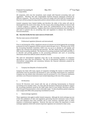 
 
Financial Accounting II May 2011 2nd
Year Paper
  16  Financial Accounting II (FA) 
3.  Comparability   
 
All  companies,  with  very  few  exceptions,  must  comply  with  financial  accounting  rules  and 
regulations.    Therefore  this  aids  comparability  between  financial  statements  produced  by 
different companies.  The users know that if these all comply with Irish GAAP for example then 
they have all been prepared using similar policies and procedures and are therefore comparable. 
 
Limited  companies  have  limited  liability  and  therefore  the  debts  of  the  entity  will  only  be 
discharged from the assets of the entity.  For this reason, when deciding whether to interact with 
a  limited  company,  a  supplier  will  often  assess  the  creditworthiness  of  the  company  by 
examining its financial statements.  Suppliers thus rely on financial statements to be true and fair 
and  users  in  general  rely  on  accounting  rules  and  regulation  to  enhance  the  reliability  of 
financial statements. 
 
[b]    Describe briefly the four main sources of Irish GAAP. 
 
The four main sources of Irish GAAP: 
 
1.  Professional regulation (domestic and international) 
 
Prior to and during the 1970s a significant amount of criticism was levied against the accounting 
profession for lack of regulation and the concerns which this gave rise to.  Therefore in the 1970s 
the  Accounting  Standards  Committee  (‘ASC’)  was  set  up  in  an  attempt  to  self  regulate  and 
address the criticisms the profession had attracted.  The ASC, which was later replaced by the 
ASB, issued accounting standards.  The function of accounting standards, both SSAPs and FRSs, is 
to  describe  and  provide  guidance  to  the  accounting  profession  and  users  of  accounting 
information about how difficult matters should be treated, 
 
The  need  for  international  regulation  arose  due  to  the  increasing  number  of  companies 
operating  in  more  than  one  jurisdiction.    The  aim  of  international  regulation  is  to  promote 
international  comparability  and  consistency  between  the  financial  statements  prepared  by 
companies worldwide. 
 
 
2.  Company law (Republic of Ireland and UK) 
 
Company law deals with  many aspects  of  companies  including  the  manner in which financial 
information must be presented and disclosed to users and filing requirements for companies.  
Company law also details what information must be presented in a set of financial statements 
and what a set of financial statements must include depending on the size of the company. 
 
 
3.  EU Directives 
 
Several  EU  Directives  were  issued  with  the  aim  of  achieving  harmonisation  in  financial 
accounting across member states.  At a later date the European Commission decided to support 
the  accounting  standards  issued  by  the  IASB  rather  than  to  issue  further  Directives  and  this 
made the goal of harmonisation a more achievable target.  To date all publicly quoted companies 
must comply with IFRSs when preparing consolidated accounts.   
 
4.  Stock exchange regulation 
 
These regulations only apply to public limited companies.  Although the stock exchange was one 
of  the  first  publishers  of  rules  and  regulations  governing  financial  statements  many  of  these 
rules  and  regulation  have  been  included,  and  in  some  instances  expanded  upon,  in  either 
statutory  or  professional  regulation.    However  this  does  not  reduce  the  importance  of  stock 
exchange regulation which still contains important regulation not contained in other areas. 
 
 
 