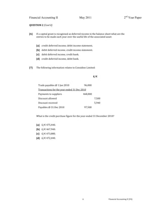 
 
Financial Accounting II May 2011 2nd
Year Paper
  6  Financial Accounting II (FA) 
 
QUESTION 2 (Cont’d) 
 
[6]  If a capital grant is recognised as deferred income in the balance sheet what are the 
entries to be made each year over the useful life of the associated asset: 
 
[a]   credit deferred income, debit income statement. 
[b]  debit deferred income, credit income statement. 
[c]   debit deferred income, credit bank. 
[d]  credit deferred income, debit bank. 
 
[7]  The following information relates to Considine Limited: 
 
                      £/€ 
 
  Trade payables @ 1 Jan 2010      96,000 
  Transactions for the year ended 31 Dec 2010 
  Payments to suppliers       468,000 
  Discount allowed              7,500 
  Discount received                  5,940 
  Payables @ 31 Dec 2010       97,500 
   
What is the credit purchase figure for the year ended 31 December 2010? 
   
[a]  £/€ 475,440. 
[b]   £/€ 467,940. 
[c]   £/€ 473,880.  
[d]  £/€ 472,440. 
 
 
 
 
 
 
 
 
 
 
 
 