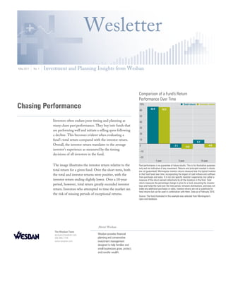Wesletter
May 2011   No. 1   Investment and Planning Insights from Wesban




Chasing Performance
                       Investors often endure poor timing and planning as
                       many chase past performance. They buy into funds that
                       are performing well and initiate a selling spree following
                       a decline. This becomes evident when evaluating a
                       fund’s total return compared with the investor return.
                       Overall, the investor return translates to the average
                       investor’s experience as measured by the timing
                       decisions of all investors in the fund.


                       The image illustrates the investor return relative to the
                       total return for a given fund. Over the short term, both
                       the total and investor returns were positive, with the
                       investor return ending slightly lower. Over a 10-year
                       period, however, total return greatly exceeded investor
                       return. Investors who attempted to time the market ran
                       the risk of missing periods of exceptional returns.




                                                        About Wesban
                        The Wesban Team
                        wesban@wesban.com               Wesban provides financial
                        205-995-7778                    planning and conservative
                        www.wesban.com                  investment management
                                                        designed to help families and
                                                        small businesses grow, protect,
                                                        and transfer wealth.
 