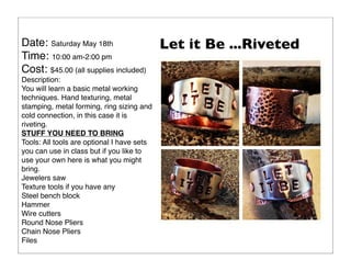 Date: Saturday May 18th
Time: 10:00 am-2:00 pm
Cost: $45.00 (all supplies included)
Description:
You will learn a basic me...