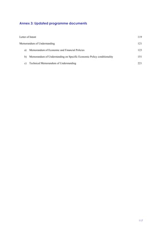 117
Annex 3: Updated programme documents
ANNEX 3: UPDATED PROGRAMME DOCUMENTS
Letter of Intent 119
Memorandum of Understanding 121
a) Memorandum of Economic and Financial Policies 123
b) Memorandum of Understanding on Specific Economic Policy conditionality 151
c) Technical Memorandum of Understanding 221
 