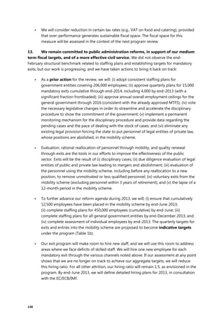 130
 We will consider reduction in certain tax rates (e.g., VAT on food and catering), provided
that over-performance generates sustainable fiscal space. The fiscal space for this
measure will be assessed in the context of the next program review.
13. We remain committed to public administration reforms, in support of our medium
term fiscal targets, and of a more effective civil service. We did not observe the end-
February structural benchmark related to staffing plans and establishing targets for mandatory
exits, but our work is progressing, and we have taken actions to bring it back on track:
 As a prior action for the review, we will: (i) adopt consistent staffing plans for
government entities covering 206,000 employees; (ii) approve quarterly plans for 15,000
mandatory exits cumulative through end-2014, including 4,000 by end-2013 (with a
significant fraction frontloaded); (iii) approve annual overall employment ceilings for the
general government through 2016 (consistent with the already approved MTFS); (iv) vote
the necessary legislative changes in order to streamline and accelerate the disciplinary
procedure to show the commitment of the government; (v) implement a permanent
monitoring mechanism for the disciplinary procedure and provide data regarding the
pending cases and the pace of dealing with the stock of cases; and (vi) eliminate any
existing legal provision forcing the state to put personnel of legal entities of private law,
whose positions are abolished, in the mobility scheme.
 Evaluation, rational reallocation of personnel through mobility, and quality renewal
through exits are the tools in our efforts to improve the effectiveness of the public
sector. Exits will be the result of (i) disciplinary cases; (ii) due diligence evaluation of legal
entities of public and private law leading to mergers and abolishment; (iii) evaluation of
the personnel using the mobility scheme, including before any reallocation to a new
position, to remove unmotivated or less qualified personnel; (iv) voluntary exits from the
mobility scheme (excluding personnel within 3 years of retirement); and (v) the lapse of a
12-month period in the mobility scheme.
 To further advance our reform agenda during 2013, we will; (i) ensure that cumulatively
12,500 employees have been placed in the mobility scheme by end-June 2013;
(ii) complete staffing plans for 450,000 employees (cumulative) by end-June; (iii)
complete staffing plans for all general government entities by end-December 2013; and
(iv) complete assessment of individual employees by end-2013. The quarterly targets for
exits and entries into the mobility scheme are proposed to become indicative targets
under the program (Table 1b).
 Our exit program will make room to hire new staff, and we will use this room to address
areas where we face deficits of skilled staff. We will hire one new employee for each
mandatory exit through the various channels noted above. If our assessment at any point
shows that we are no longer on track to achieve our aggregate targets, we will reduce
this hiring ratio. For all other attrition, our hiring ratio will remain 1:5, as envisioned in the
program. By end-June 2013, we will define detailed hiring plans for 2013, in consultation
with the EC/ECB/IMF.
 