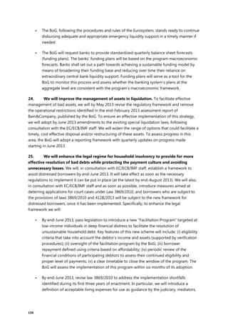 134
 The BoG, following the procedures and rules of the Eurosystem, stands ready to continue
disbursing adequate and appropriate emergency liquidity support in a timely manner if
needed.
 The BoG will request banks to provide standardized quarterly balance sheet forecasts
(funding plans). The banks’ funding plans will be based on the program macroeconomic
forecasts. Banks shall set out a path towards achieving a sustainable funding model by
means of broadening their funding base and reducing over time their reliance on
extraordinary central bank liquidity support. Funding plans will serve as a tool for the
BoG to monitor this process and assess whether the banking system’s plans at the
aggregate level are consistent with the program’s macroeconomic framework.
24. We will improve the management of assets in liquidation. To facilitate effective
management of bad assets, we will by May 2013 revise the regulatory framework and remove
the operational restrictions identified in the end-February 2013 assessment report of
Bain&Company, published by the BoG. To ensure an effective implementation of this strategy,
we will adopt by June 2013 amendments to the existing special liquidation laws, following
consultation with the EC/ECB/IMF staff. We will widen the range of options that could facilitate a
timely, cost effective disposal and/or restructuring of these assets. To assess progress in this
area, the BoG will adopt a reporting framework with quarterly updates on progress made
starting in June 2013.
25. We will enhance the legal regime for household insolvency to provide for more
effective resolution of bad debts while protecting the payment culture and avoiding
unnecessary losses. We will, in consultation with EC/ECB/IMF staff, establish a framework to
assist distressed borrowers by end-June 2013. It will take effect as soon as the necessary
regulations to implement it can be put in place (at the latest by end-August 2013). We will also,
in consultation with EC/ECB/IMF staff and as soon as possible, introduce measures aimed at
deterring applications for court cases under Law 3869/2010, and borrowers who are subject to
the provisions of laws 3869/2010 and 4128/2013 will be subject to the new framework for
distressed borrowers, once it has been implemented. Specifically, to enhance the legal
framework we will:
 By end-June 2013, pass legislation to introduce a new “Facilitation Program” targeted at
low-income individuals in deep financial distress to facilitate the resolution of
unsustainable household debt. Key features of this new scheme will include: (i) eligibility
criteria that take into account the debtor’s income and assets (supported by verification
procedures); (ii) oversight of the facilitation program by the BoG; (iii) borrower
repayment defined using criteria based on affordability; (iv) periodic review of the
financial conditions of participating debtors to assess their continued eligibility and
proper level of payments; (v) a clear timetable to close the window of the program. The
BoG will assess the implementation of this program within six months of its adoption.
 By end-June 2013, revise law 3869/2010 to address the implementation shortfalls
identified during its first three years of enactment. In particular, we will introduce a
definition of acceptable living expenses for use as guidance by the judiciary, mediators,
 