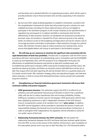 135
and the banks and a standard definition of cooperating borrowers, which will be used to
provide protection only to those borrowers who are fully cooperating in the resolution
process.
 By end-June 2013, adopt enabling legislation to establish a framework, consistent with
the recapitalization framework for banks that will provide long-term solutions for over-
indebted borrowers (including for those viable borrowers who are not eligible to
participate in the facilitation program). It will include initiatives (to be specified further in
regulations by end-August) to: (i) address shortfalls in existing laws that limit the
effectiveness of debt resolution activities; (ii) standardize the assessment procedure for
borrower cases; (iii) introduce a standard list of loan restructuring tools to be used by
banks; (iv) enhance access to free budgeting and legal advice services for citizens; and (v)
encourage borrowers and lenders to participate in debt resolutions through non-judicial
means. We shall also introduce steps to reduce excessive court waiting times, and to
ensure that eligible debtors will choose to participate in the facilitation program.
26. We will step up our measures to minimize the significant risks associated with the
rapid deterioration of bank loan portfolios. The BoG will, in cooperation with the HFSF (and in
accordance with their memorandum of understanding), and in consultation with the EC/ECB/IMF:
(i) assess by end-September 2013, with the assistance of an independent third party, the
effectiveness of established frameworks and policies to deal with troubled assets; and
(ii) establish key performance indicators (KPIs) covering the troubled assets portfolio status, the
operational response by banks, and follow-up resolution actions (KPI definitions will be set no
later than August 2013 and bank reporting will start by October 2013 on a quarterly-basis) and
(iii) closely monitor banks’ NPL resolution strategy, policy and operational targets, and intervene
where necessary, in order to ensure that distressed borrowers receive prompt and sustainable
long-term solutions.
27. Strengthening our financial institutions governance framework will ensure their
continued viability and protect taxpayers:
 HFSF governance structure. The authorities support the HFSF in its efforts for an
ambitious and swift operational restructuring of all banks in which it has a significant
stake, with the aim to reduce operational costs and increase profitability, thereby
fulfilling its mandate to minimize costs for the taxpayer. HFSF governance reforms have
been adopted by parliament to add 2 independent members to the HFSF General
Council, increasing the number of its members from 5 to 7 (prior action). In addition,
the HFSF internal regulations will be amended to rationalize the division of tasks and
responsibilities between the General Council and the Executive Board. Furthermore, in
order to strengthen HFSF independence, the legislation will be amended to clarify the
non-public nature of the Fund.
 Relationship frameworks between the HFSF and banks. We will publish the
relationship frameworks between the HFSF and banks that have received capital infusion
from the HFSF, as soon as the amount of the injection will be known, upon completion of
the subscription period, and in any case no later than May 31st. The frameworks define
 