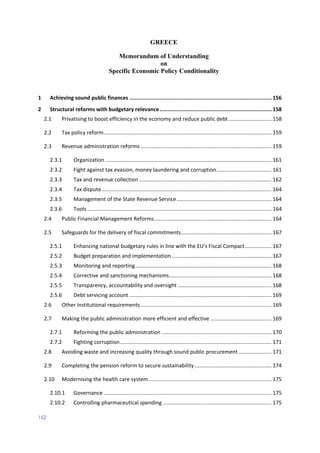 152
GREECE
Memorandum of Understanding
on
Specific Economic Policy Conditionality
1 Achieving sound public finances ..........................................................................................156
2 Structural reforms with budgetary relevance.......................................................................158
2.1 Privatising to boost efficiency in the economy and reduce public debt............................. 158
2.2 Tax policy reform................................................................................................................. 159
2.3 Revenue administration reforms ........................................................................................ 159
2.3.1 Organization ................................................................................................................ 161
2.3.2 Fight against tax evasion, money laundering and corruption..................................... 161
2.3.3 Tax and revenue collection ......................................................................................... 162
2.3.4 Tax dispute .................................................................................................................. 164
2.3.5 Management of the State Revenue Service................................................................ 164
2.3.6 Tools ............................................................................................................................ 164
2.4 Public Financial Management Reforms............................................................................... 164
2.5 Safeguards for the delivery of fiscal commitments............................................................. 167
2.5.1 Enhancing national budgetary rules in line with the EU's Fiscal Compact.................. 167
2.5.2 Budget preparation and implementation ................................................................... 167
2.5.3 Monitoring and reporting............................................................................................ 168
2.5.4 Corrective and sanctioning mechanisms..................................................................... 168
2.5.5 Transparency, accountability and oversight ............................................................... 168
2.5.6 Debt servicing account ................................................................................................ 169
2.6 Other institutional requirements ........................................................................................ 169
2.7 Making the public administration more efficient and effective ......................................... 169
2.7.1 Reforming the public administration .......................................................................... 170
2.7.2 Fighting corruption...................................................................................................... 171
2.8 Avoiding waste and increasing quality through sound public procurement ...................... 171
2.9 Completing the pension reform to secure sustainability.................................................... 174
2.10 Modernising the health care system................................................................................... 175
2.10.1 Governance ................................................................................................................. 175
2.10.2 Controlling pharmaceutical spending ......................................................................... 175
 