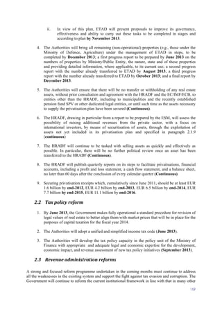 159
ii. In view of this plan, ETAD will present proposals to improve its governance,
effectiveness and ability to carry out these tasks to be completed in stages and
according to plan by November 2013.
4. The Authorities will bring all remaining (non-operational) properties (e.g., those under the
Ministry of Defence, Agriculture) under the management of ETAD in steps, to be
completed by December 2013; a first progress report to be prepared by June 2013 on the
numbers of properties by Ministry/Public Entity, the nature, state and of these properties
and providing detailed information, where applicable, to its current use; a second progress
report with the number already transferred to ETAD by August 2013; a third progress
report with the number already transferred to ETAD by October 2013; and a final report by
December 2013.
5. The Authorities will ensure that there will be no transfer or withholding of any real estate
assets, without prior consultation and agreement with the HRADF and the EC/IMF/ECB, to
entities other than the HRADF, including to municipalities and the recently established
pension fund SPV or other dedicated legal entities, or until such time as the assets necessary
to supply the privatisation plan have been secured (Continuous).
6. The HRADF, drawing in particular from a report to be prepared by the ESM, will assess the
possibility of raising additional revenues from the private sector, with a focus on
international investors, by means of securitisation of assets, through the exploitation of
assets not yet included in its privatisation plan and specified in paragraph 2.1.9
(continuous)
7. The HRADF will continue to be tasked with selling assets as quickly and effectively as
possible. In particular, there will be no further political review once an asset has been
transferred to the HRADF (Continuous).
8. The HRADF will publish quarterly reports on its steps to facilitate privatisations, financial
accounts, including a profit and loss statement, a cash flow statement, and a balance sheet,
no later than 60 days after the conclusion of every calendar quarter (Continuous).
9. Securing privatisation receipts which, cumulatively since June 2011, should be at least EUR
1.6 billion by end-2012, EUR 4.2 billion by end-2013, EUR 6.5 billion by end-2014, EUR
7.7 billion by end-2015, EUR 11.1 billion by end-2016.
2.2 Tax policy reform
1. By June 2013, the Government makes fully operational a standard procedure for revision of
legal values of real estate to better align them with market prices that will be in place for the
purposes of capital taxation for the fiscal year 2014.
2. The Authorities will adopt a unified and simplified income tax code (June 2013).
3. The Authorities will develop the tax policy capacity in the policy unit of the Ministry of
Finance with appropriate and adequate legal and economic expertise for the development,
economic impact, and revenue assessment of new tax policy initiatives (September 2013).
2.3 Revenue administration reforms
A strong and focused reform programme undertaken in the coming months must continue to address
all the weaknesses in the existing system and support the fight against tax evasion and corruption. The
Government will continue to reform the current institutional framework in line with that in many other
 