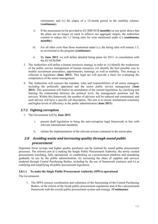 171
retirement); and (v) the elapse of a 12-month period in the mobility scheme.
(continuous).
ii. If the assessment (to be provided to EC/IMF/ECB monthly) at any point shows that
the plans are no longer on track to achieve our aggregate targets, the authorities
commit to reduce the 1:1 hiring ratio for exits mentioned under (i.) (continuous,
monthly).
iii. For all other exits than those mentioned under (i.), the hiring ratio will remain 1:5,
as envisioned in the program (continuous).
iv. By June 2013, we will define detailed hiring plans for 2013, in consultation with
the EC/ECB/IMF.
3. The Authorities will define a human resources strategy in order to: (i) identify the weaknesses
of the public service management of human resources; (ii) identify the best possible way to
modify recruitment procedures, appointments, trainings, as well as mobility. This strategy is
reflected in legislation (June 2013). This legal act will provide a basis for evaluating the
competences of the senior management.
4. The Authorities will assesses the mandate, roles and responsibilities of all senior managers,
including the politically appointed and the senior public service management (June
2013). This assessment will lead to an amendment of the current legislation, by clarifying and
framing the relationship between the political level, the management positions and the
services. Within this framework, the number of advisors will be reduced and constrained, and
each advisor will have a specific job description. The aim is to ensure institutional continuity
and higher levels of efficiency in the public administration (June 2013).
2.7.2 Fighting corruption
1. The Government will by June 2013:
i. present draft legislation to bring the anti-corruption legal framework in line with
relevant international standards;
ii. initiate the implementation of the relevant actions contained in the action plan
2.8 Avoiding waste and increasing quality through sound public
procurement
Important fiscal savings and higher quality purchases can be realised by sound public procurement
processes. The reforms aim at i) making the Single Public Procurement Authority, the newly created
procurement watchdog, fully operational; ii) establishing an e-procurement platform and mandating
gradually its use by the public administration; iii) increasing the share of supplies and services
tendered through Central Purchasing Bodies, including by the use of framework contracts and iv) at
codifying and simplifying all public procurement legislation.
2.8.1.1 To make the Single Public Procurement Authority (SPPA) operational
The Government:
1. The SPPA ensures coordination and coherence of the functioning of the Central Purchasing
Bodies, of the reform of the Greek public procurement regulations and of the e-procurement
framework with the overall public procurement system and strategy. (Continuous)
 