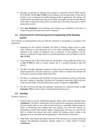 181
4. Develop a comprehensive banking sector strategy in cooperation with the HFSF and the
EC/ECB/IMF staff by July 15 2013. In the meantime, all four pillar banks will be able to
continue to act as integrators of smaller domestic banks as appropriate. The strategy will
include options and operational steps for the HFSF to promptly proceed with the disposal
of the shares to the private sector of the core banks that will not have been able to remain
under private control.
5. Only upon finalisation of this banking sector strategy any consolidation in the form of
merger among the four pillar bank can be considered.
3.1 Framework for restructuring and strengthening of the banking
system
The resolution of undercapitalised non-core financial institutions is proceeding as envisaged in the
programme:
1. Regarding the New Hellenic PostBank, the HFSF is currently taking actions to make
major reductions in the operational costs of the bank, including through a significant
reduction in the number of employees, and to restructure its loan portfolio, with the
objective of making the bank attractive to potential purchasers and concluding its sale by
July 15 2013.
2. Concerning the sale of Nea Proton bank, the sale deadline is being shifted from May 2013
to July 15 2013 in order to increase chances that it is acquired through an open bid
process.
3. The BoG will apply appropriate measures to those non-core banks that have not met the
capital requirements set by the supervisor, or earlier if there is evidence that the bank will
not be able to raise the needed capital (June 2013).
4. The BoG, in coordination with the HFSF, will assess the alternatives aimed at minimising
the cost to taxpayers, including a Purchase and Assumption transactions (P&A) with any
of the four core banks, while guaranteeing the security of depositors (June 2013).
5. The BoG will revise the legal and regulatory frameworks for cooperative banks by end-
September 2013 in order to align it with international best practices.
3.2 Funding
The BoG commits to:
1. Request banks to provide standardised quarterly balance sheet forecasts (funding plans)
(continuous). The banks’ funding plans will be based on the programme macroeconomic
forecasts. Banks shall set out a path towards achieving a sustainable funding model by
means of broadening their funding base and reducing over time their reliance on
extraordinary central bank liquidity support. Funding plans will serve as a tool for the
BoG to monitor this process and assess whether the banking system’s plans at the
aggregate level are consistent with the programme’s macroeconomic framework.
2. Stand ready, following the procedures and rules of the Eurosystem, to continue disbursing
adequate and appropriate emergency liquidity support in a timely manner if needed
(continuous).
 