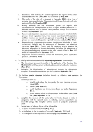 189
i. Launches a pilot enabling 24/7 customs operations for exports in the Athens
airport and Piraeus Port (May 2013) and for imports by July 2013;
ii. The results of the pilot will be assessed in November 2013 with a view of
applying it permanently in the Athens airport and Piraeus Port and to all other
customs offices by December 2013.
iii. Having reviewed the risk assessment system for exports, with
recommendations for improvement in order to align it with best practices in EU
Member States the level of controls converges to the average level of controls
in the EU by September 2013.
iv. Reviews and streamlines pre-customs and customs procedures for selected pilot
products (fresh vegetables fruits, white cheese) according to EU regulations
and best practices and presents an approach for extending the simplification
process to a wider set of frequently exported / imported products. (May 2013)
v. Ensures that the e-customs system supports the electronic submission of export
declarations (DONE) and the submission of documents and electronic
payments (June 2013). Ensures that the e-customs system supports the
electronic submission of import declarations, including the submission of
documents and electronic payments, at the pilot customs office by July 2013
and in all custom offices by November 2013.
vi. Implements automatic clearance for low risk declarations, based on EU best
practices. (December 2013)
6. To identify and eliminate unnecessary reporting requirements for businesses:
i. The Government presents the results of the application of the Standard Cost
Model (SCM) in 13 key sectors to identify administrative burdens for businesses
(June 2013).
ii. Following the identification of administrative burdens the Government
completes the amendments to sector specific legislation (September 2013).
7. To facilitate spatial planning including through an effective land registry, the
Government:
i. adopts legislation to:
a. simplify and reduce the time needed for town planning processes
(June 2013);
b. update (June 2013) and;
c. codify legislation on forests, forest lands and parks (September
2014);
d. It also licenses at least two disposal sites for hazardous waste (June
2013, and September 2013).
ii. completes the revision of the spatial plan for South Aegean to make it
compatible with the sectoral plans on industry, tourism, aquaculture and
renewable energy. The first phase of this revision is completed (September
2013)
iii. Second wave of reforms. These will be followed by:
a. a second phase for modifications (May 2013),
b. a third phase for the formulation of proposals (September 2013) and
c. a fourth phase for the legislation of the final proposal (December 2013).
 