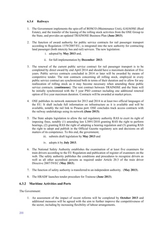 200
6.3.4 Railways
1. The Government implements the spin-off of ROSCO (Maintenance Unit), GAIAOSE (Real
Estate), and the transfer of the leasing of the rolling stock activities from the OSE Group to
the State, and provides an updated TRAINOSE Business Plan (June 2013).
2. The function of award authority for public service contracts for rail passenger transport
according to Regulation 1370/2007/EU, is integrated into the new authority for contracting
land passenger (both intercity bus and rail) services. The new legislation:
i. adopted by May 2013 and,
ii. for full implementation by December 2013.
3. The renewal of the current public service contract for rail passenger transport is to be
completed by direct award by end April 2014 and should have a maximum duration of five
years. Public service contracts concluded in 2014 or later will be awarded by means of
competitive tender. The rent contracts concerning all rolling stock, employed in every
public service contract are synchronized both in terms of their duration and to allow for any
reallocation of rolling stock as it may become necessary when amending these public
service contracts. (continuous). The rent contract between TRAINOSE and the State will
be initially synchronized with the 5 year PSO contract including one additional renewal
option of five year maximum duration. Contracts will be awarded at market prices.
4. OSE publishes its network statement for 2013 and 2014 in at least two official languages of
the EU. It shall include full information on infrastructure as it is available and will be
available, notably the rail link to Piraeus port. OSE concludes track access contracts with
the railway undertakings using its network (June 2013).
5. The State adopts legislation to allow the rail regulatory authority RAS to exert its right of
imposing fines, notably (1) amending law L3891/2010 granting RAS the right to perform
hearings, (2) granting RAS the right of adopting a hearing regulation and (3) granting RAS
the right to adopt and publish in the Official Gazette regulatory acts and decisions on all
matters of its competence. To this end, the government;
iii. submits draft legislation by May 2013 and
iv. adopts it by July 2013.
6. The National Safety Authority establishes the examination of at least five examiners for
train drivers according to the EU Regulation and publication of register of examiners on the
web. The safety authority publishes the conditions and procedures to recognize drivers as
well as all other accredited persons as required under Article 20.3 of the train driver
Directive 2007/59/EC (May 2013).
7. The function of safety authority is transferred to an independent authority. (May 2013).
8. The HRADF launches tender procedure for Trainose (June 2013).
6.3.2 Maritime Activities and Ports
The Government:
1. An assessment of the impact of recent reforms will be completed by October 2013 and
additional measures will be agreed with the aim to further improve the competitiveness of
the sector, including by increasing flexibility of labour arrangements.
 