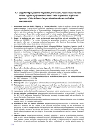 208
9.2 Regulated professions: regulated professions / economic activities
whose regulatory framework needs to be adjusted to applicable
opinions of the Hellenic Competition Commission and other
requirements
1. Professions under the Greek Ministry of Citizen Protection: i) sale of revolvers, pistols and target-
shooting weapons; ii) preparation of explosives; manufacture, conversion, assembly, finishing and repair of
firearms, and charging/recharging of firearm cartridges; iii) charging cartridges for hunting weapons for
sale; iv) sale of fireworks and flare launchers; v) manufacture of fireworks and flare launchers; vi) operation
of private security firms; vii) work by security staff of private security firms; viii) operation of private
investigation offices; ix) work by staff of private investigation office: Cfr. HCC Opinion no. 13/VI/2012.
2. Dealers in antiques and more recent artifacts and restorers of fine art and antiquities: Cfr. HCC
Opinion no. 18/VI/2012. The revision eliminates the geographical restrictions on antique dealers and
provides for other ways of acquiring professional experience other than in a Greek antique shop (e.g.,
experience in other antique shops abroad or in museums).
3. Professions / economic activities under the Greek Ministry of Citizen Protection – harbour guard: i)
Organisations certifying divers; ii) Suppliers of recreational diving services; iii) Rental of means of marine
recreation; iv) Service boat operations; v) Towing operations; vi) Licensing for outdoor trading (stands or
itinerant) on board ships; vi) Operation of casinos on board passenger vessels flying the Greek flag on
international voyages; vii) Lifeguards: (i) Operation of public health establishments on anchored or floating
craft and (ii) Operation of public health establishments on seafaring vessels: Cfr. HCC Opinion no.
22/VII/2012.
4. Professions / economic activities under the Ministry of Labour, Directorate-General for Welfare: i)
Creative activity centres for children; ii) Creative activity centres for children with disabilities; iii) Nurseries
and kindergartens; iv) Private childrens’ camps; v) Child welfare institutes: Cfr. HCC Opinion no.
25/VII/2012.
5. Petrol sellers, shotfirers, blasters and natural gas sales. Cfr. HCC Opinion no 26/VII/2012
6. Actuaries: review the regulatory framework governing the examination process so as to prevent the
Hellenic Actuarial Society (HAS) from determining indirectly the number of successful candidates in the
examinations in the interest of the incumbents (cfr. HCC opinion no. 14/VI/2012).
7. Selling and production of reproductive material for agricultural plant species and selling of fertilisers
(cfr. HCC opinion no. 19/VI/2012).
8. Oenologists: abolish minimum fees
9. Oenology labs: remove geographical restrictions for establishing multiple labs and administrative license
10. Veterinarians: remove the legal form requirement and allow any legal person, irrespective of the
shareholders, to open a veterinary clinic long as the activity is being performed by veterinarians. Subject the
licensing of such veterinary clinics to Art. 3 of Law 3919.
11. Accountants: abolish the four different classes of accountants and the activities reserved to each class.
12. Private education establishments. Adopt secondary legislation provided for in paragraph I.3.15 and 16 of
law 4093/2012, spelling out the details of the licensing procedure of private schools and providing for the
approval procedure for programs of study.
13. Tourist guides: Amend legislation to allow educational entities other than universities to offer accelerated
training courses for candidate tourist guides.
14. Stevedores at ports and for land operations. Adopt secondary legislation referred to in section K7 of law
4093/2012 providing for the creation of the National Stevedores Registry, for the accreditation of
stevedores, on special issues related to the organization and operation of control procedures on matters of
health and safety at work of stevedores, providing for a new regulation on fees and remunerations for Port
Funds and shipping agents, and providing for the terms and procedures for dock workers to enter the area of
the port.
15. Sworn in valuers: Adopt law and necessary secondary legislation (3 MDs on the examination committee,
code of ethics and on disciplinary committee) to reflect abolished restrictions in November 2012 (i.e. fixed
fees, numerus clausus, nationality requirement etc) and include (i) replacement of the current system of
certification with a system of prior declaration that allows professionals to exercise activities unless the
 
