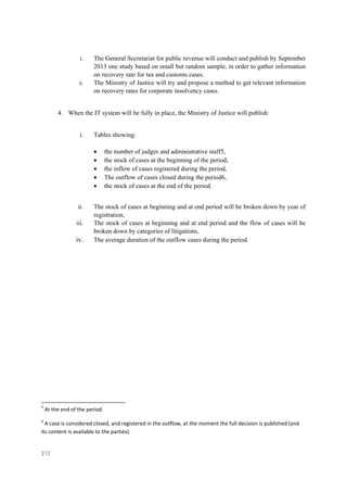 212
i. The General Secretariat for public revenue will conduct and publish by September
2013 one study based on small but random sample, in order to gather information
on recovery rate for tax and customs cases.
ii. The Ministry of Justice will try and propose a method to get relevant information
on recovery rates for corporate insolvency cases.
4. When the IT system will be fully in place, the Ministry of Justice will publish:
i. Tables showing:
 the number of judges and administrative staff5,
 the stock of cases at the beginning of the period,
 the inflow of cases registered during the period,
 The outflow of cases closed during the period6,
 the stock of cases at the end of the period.
ii. The stock of cases at beginning and at end period will be broken down by year of
registration,
iii. The stock of cases at beginning and at end period and the flow of cases will be
broken down by categories of litigations,
iv. The average duration of the outflow cases during the period.
5
At the end of the period.
6
A case is considered closed, and registered in the outflow, at the moment the full decision is published (and
its content is available to the parties).
 
