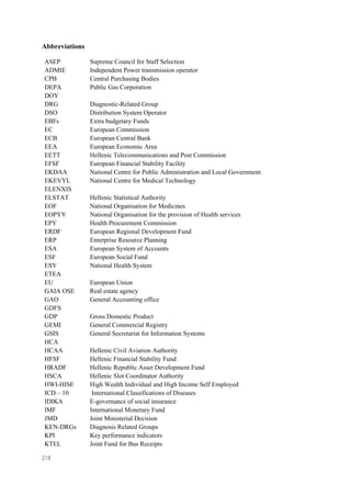 218
Abbreviations
ASEP Supreme Council for Staff Selection
ADMIE Independent Power transmission operator
CPB Central Purchasing Bodies
DEPA Public Gas Corporation
DOY
DRG Diagnostic-Related Group
DSO Distribution System Operator
EBFs Extra budgetary Funds
EC European Commission
ECB European Central Bank
EEA European Economic Area
EETT Hellenic Telecommunications and Post Commission
EFSF European Financial Stability Facility
EKDAA National Centre for Public Administration and Local Government
EKEVYL National Centre for Medical Technology
ELENXIS
ELSTAT Hellenic Statistical Authority
EOF National Organisation for Medicines
EOPYY National Organisation for the provision of Health services
EPY Health Procurement Commission
ERDF European Regional Development Fund
ERP Enterprise Resource Planning
ESA European System of Accounts
ESF European Social Fund
ESY National Health System
ETEA
EU European Union
GAIA OSE Real estate agency
GAO General Accounting office
GDFS
GDP Gross Domestic Product
GEMI General Commercial Registry
GSIS General Secretariat for Information Systems
HCA
HCAA Hellenic Civil Aviation Authority
HFSF Hellenic Financial Stability Fund
HRADF Hellenic Republic Asset Development Fund
HSCA Hellenic Slot Coordinator Authority
HWI-HISE High Wealth Individual and High Income Self Employed
ICD – 10 International Classifications of Diseases
IDIKA E-governance of social insurance
IMF International Monetary Fund
JMD Joint Ministerial Decision
KEN-DRGs Diagnosis Related Groups
KPI Key performance indicators
KTEL Joint Fund for Bus Receipts
 