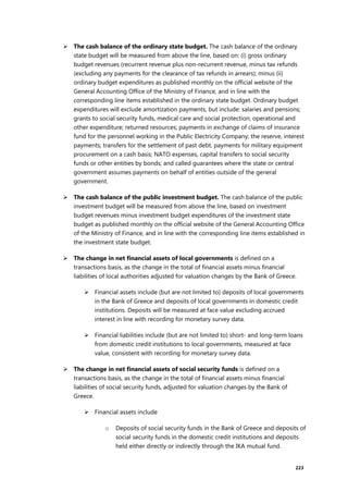 223
 The cash balance of the ordinary state budget. The cash balance of the ordinary
state budget will be measured from above the line, based on: (i) gross ordinary
budget revenues (recurrent revenue plus non-recurrent revenue, minus tax refunds
(excluding any payments for the clearance of tax refunds in arrears); minus (ii)
ordinary budget expenditures as published monthly on the official website of the
General Accounting Office of the Ministry of Finance, and in line with the
corresponding line items established in the ordinary state budget. Ordinary budget
expenditures will exclude amortization payments, but include: salaries and pensions;
grants to social security funds, medical care and social protection; operational and
other expenditure; returned resources; payments in exchange of claims of insurance
fund for the personnel working in the Public Electricity Company; the reserve, interest
payments; transfers for the settlement of past debt, payments for military equipment
procurement on a cash basis; NATO expenses, capital transfers to social security
funds or other entities by bonds; and called guarantees where the state or central
government assumes payments on behalf of entities outside of the general
government.
 The cash balance of the public investment budget. The cash balance of the public
investment budget will be measured from above the line, based on investment
budget revenues minus investment budget expenditures of the investment state
budget as published monthly on the official website of the General Accounting Office
of the Ministry of Finance, and in line with the corresponding line items established in
the investment state budget.
 The change in net financial assets of local governments is defined on a
transactions basis, as the change in the total of financial assets minus financial
liabilities of local authorities adjusted for valuation changes by the Bank of Greece.
 Financial assets include (but are not limited to) deposits of local governments
in the Bank of Greece and deposits of local governments in domestic credit
institutions. Deposits will be measured at face value excluding accrued
interest in line with recording for monetary survey data.
 Financial liabilities include (but are not limited to) short- and long-term loans
from domestic credit institutions to local governments, measured at face
value, consistent with recording for monetary survey data.
 The change in net financial assets of social security funds is defined on a
transactions basis, as the change in the total of financial assets minus financial
liabilities of social security funds, adjusted for valuation changes by the Bank of
Greece.
 Financial assets include
o Deposits of social security funds in the Bank of Greece and deposits of
social security funds in the domestic credit institutions and deposits
held either directly or indirectly through the IKA mutual fund.
 