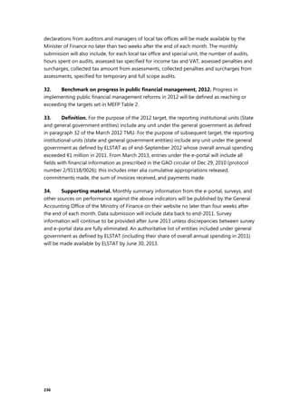 236
declarations from auditors and managers of local tax offices will be made available by the
Minister of Finance no later than two weeks after the end of each month. The monthly
submission will also include, for each local tax office and special unit, the number of audits,
hours spent on audits, assessed tax specified for income tax and VAT, assessed penalties and
surcharges, collected tax amount from assessments, collected penalties and surcharges from
assessments, specified for temporary and full scope audits.
32. Benchmark on progress in public financial management, 2012. Progress in
implementing public financial management reforms in 2012 will be defined as reaching or
exceeding the targets set in MEFP Table 2.
33. Definition. For the purpose of the 2012 target, the reporting institutional units (State
and general government entities) include any unit under the general government as defined
in paragraph 32 of the March 2012 TMU. For the purpose of subsequent target, the reporting
institutional units (state and general government entities) include any unit under the general
government as defined by ELSTAT as of end-September 2012 whose overall annual spending
exceeded €1 million in 2011. From March 2013, entries under the e-portal will include all
fields with financial information as prescribed in the GAO circular of Dec 29, 2010 (protocol
number 2/91118/0026); this includes inter alia cumulative appropriations released,
commitments made, the sum of invoices received, and payments made.
34. Supporting material. Monthly summary information from the e-portal, surveys, and
other sources on performance against the above indicators will be published by the General
Accounting Office of the Ministry of Finance on their website no later than four weeks after
the end of each month. Data submission will include data back to end-2011. Survey
information will continue to be provided after June 2013 unless discrepancies between survey
and e-portal data are fully eliminated. An authoritative list of entities included under general
government as defined by ELSTAT (including their share of overall annual spending in 2011)
will be made available by ELSTAT by June 30, 2013.
 