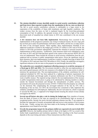 European Commission
The Second Economic Adjustment Programme for Greece. Second Review
22
12. The mission identified revenue shortfalls mainly in social security contribution collection
and from lower than expected receipts from the equalisation in the tax rates on diesel oil.
The fall in social security contribution collection is attributable to a large extent to the
expectation of the availability of future debt instalments and tight liquidity conditions. The
weaker revenue from the taxes on fuel is explained largely by the lower-than-anticipated
consumption of fuel. In addition, the upwards revision of tax refunds in light of the newly
discovered stock of unaudited tax refund claims in 2012 also contributed to the net revenue
shortfall.
13. A few measures have not been fully implemented. Shortcomings have occurred in the
implementation of the progressive pensions cuts owing to technical reasons; the new wage grid
has not been put in place for parliamentary staff and in some SOEs; and the levy on ship owners
fell short of the envisaged amount. Taken together, these implementation shortfalls if not
addressed would have resulted in the budget gap of EUR 137 million in 2013 and of EUR 166
million in 2014.The government subsequently expressed the intention to proceed towards full
implementation of these measures. Furthermore, some measures which were scheduled to come
into force in 2013 and 2014 that had been agreed in the context of the previous MTFS 2011-14
were not implemented. These include the increase in social security contributions from the self-
employed and an increase in public transportation ticket prices. Given the significant yield of
these measures, their non-implementation would have created a sizeable fiscal gap of about EUR
270 million in 2013 and more than EUR 700 million in 2014. Finally, the authorities envisaged a
significant reduction in the tax rates on the property tax paid through electricity bills.
14. The authorities now committed to implement offsetting measures to avoid the emergence of
a fiscal gap in 2013 and 2014. The Government decided to offset the non-implementation of
previously agreed measures with the new measures to be adopted in the same sectors in order to
minimise the operational risks. The non-implementation of the solidarity contribution for self-
employed scheduled for 2013 has been replaced by a tightening of pension requirements for
uninsured individuals and through audits of pension entitlements (see Box 8 on Eliminating
waste of public money). The required savings related to the non-implementation of the increase
in public transportation ticket prices is going to be substituted by reducing transfers to entities
outside the General Government and through the rationalisation of public services. The
government will secure the projected revenue of EUR 1.9 billion from the property tax collected
via the electricity bill, compensating the envisaged reduction of the rate by 15% with a
broadening of the tax base. For 2014, the Government has committed to fully implement the
solidarity contribution for self-employed. Additionally, the new real estate tax, which is expected
to succeed the PPC levy, is supposed to be budget-neutral ensuring the annual revenue already
envisaged in the MTFS.
15. Several one-off factors also play a role in closing the budget gap. First, transfers of income
from the Bank of Greece to the state are expected to be extraordinarily high on account of
exceptional profits. Second, the newly devised settlement schemes (see Box 7) are expected to
facilitate the repayment of recently accumulated debt and recover some portion of lost revenues
for the state. Finally, savings have also been made on the heating oil subsidies, where budget
appropriations were found to be too high.
16. Overall, the programme targets for the primary deficit are expected to be met in both 2013
and 2014. However, the headline primary deficit is likely to be higher in 2013 as a result of the
further bank recapitalisation and resolutions operations. Their recording in the fiscal accounts
depends on the exact timing and nature of these transactions (see Box 6 above).
 
