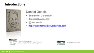 Donald Donais
• SharePoint Consultant
• ddonais@Avtex.com
• @dondonais
• http://talesfromitside.wordpress.com
Introductions
 
