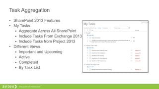 Task Aggregation
• SharePoint 2013 Features
• My Tasks
 Aggregate Across All SharePoint
 Include Tasks From Exchange 2013
 Include Tasks from Project 2013
• Different Views
 Important and Upcoming
 Active
 Completed
 By Task List
 