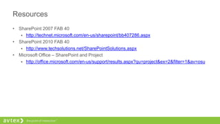 Resources
• SharePoint 2007 FAB 40
 http://technet.microsoft.com/en-us/sharepoint/bb407286.aspx
• SharePoint 2010 FAB 40
 http://www.techsolutions.net/SharePointSolutions.aspx
• Microsoft Office – SharePoint and Project
 http://office.microsoft.com/en-us/support/results.aspx?qu=project&ex=2&filter=1&av=osu
 