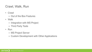 Crawl, Walk, Run
• Crawl
 Out of the Box Features
• Walk
 Integration with MS Project
 Third Party Tools
• Run
 MS Project Server
 Custom Development with Other Applications
 