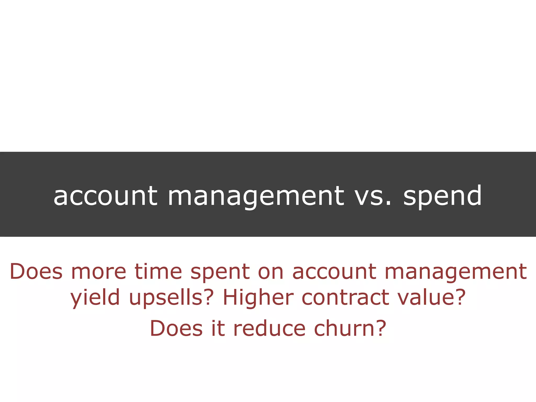 account management vs. spend
Does more time spent on account management
yield upsells? Higher contract value?
Does it reduce churn?
 