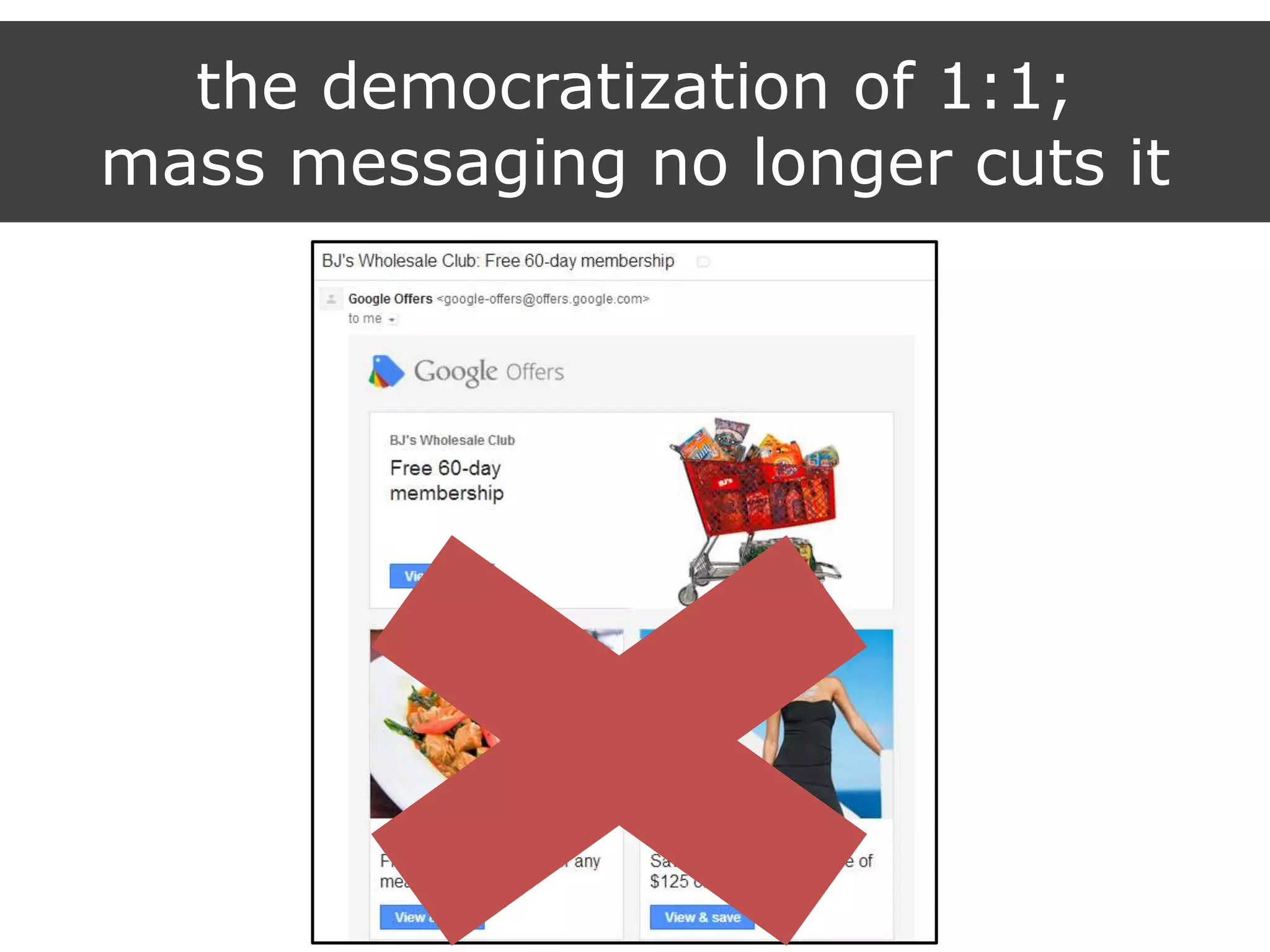 the democratization of 1:1;
mass messaging no longer cuts it
 