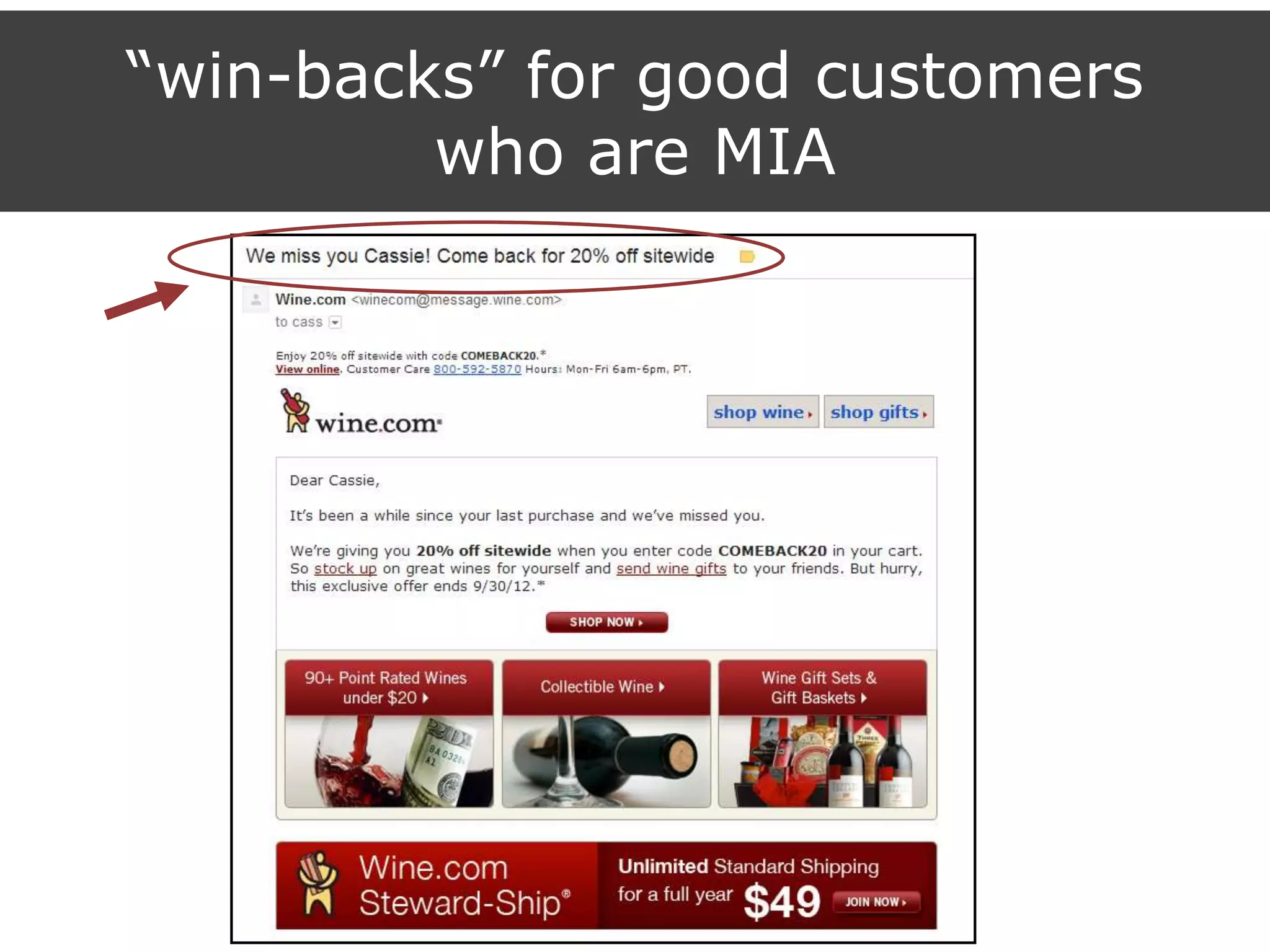 “win-backs” for good customers
who are MIA
 