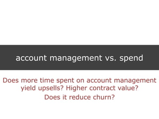 account management vs. spend
Does more time spent on account management
yield upsells? Higher contract value?
Does it reduce churn?
 