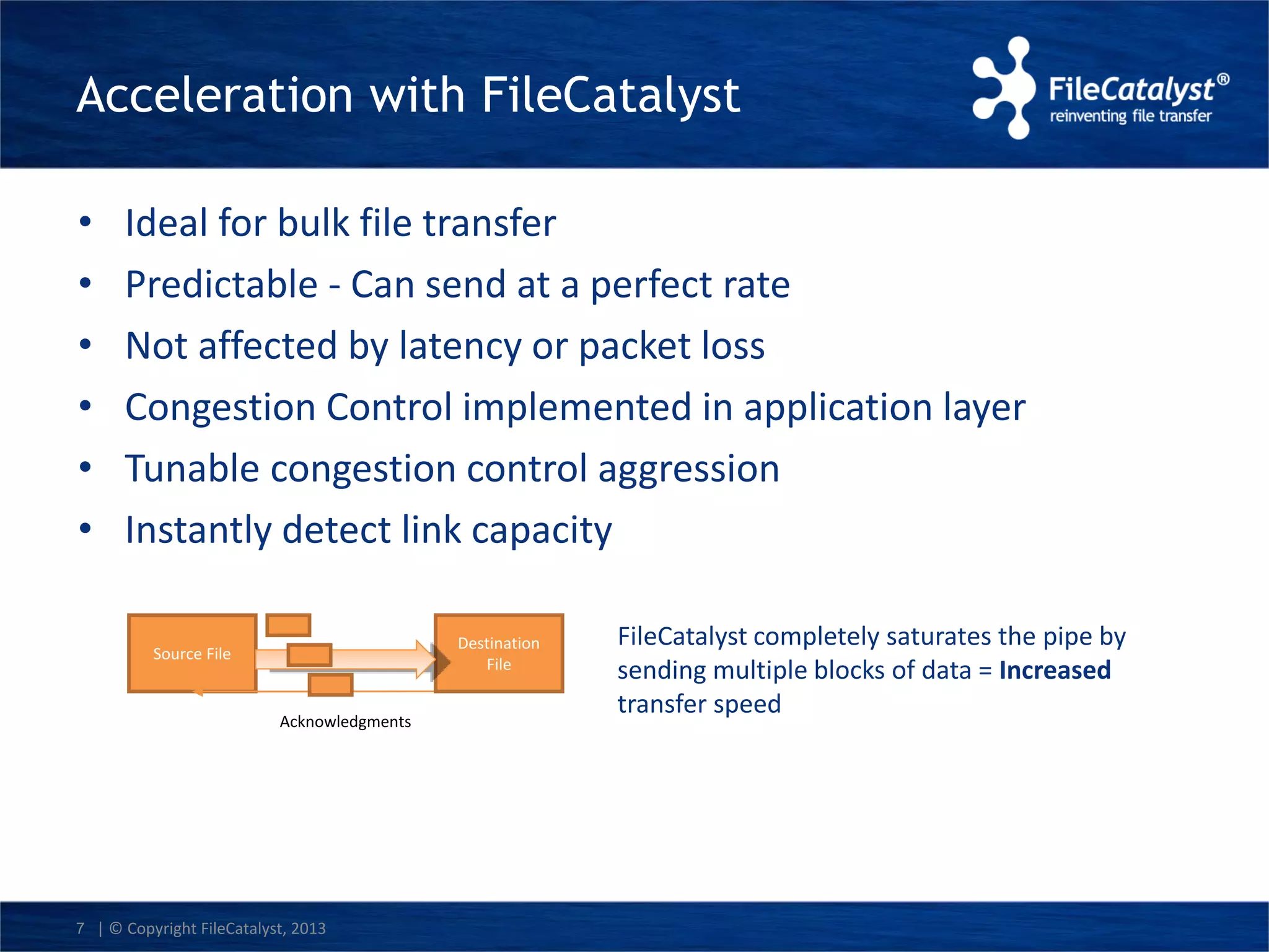 Acceleration with FileCatalyst 
• Ideal for bulk file transfer 
• Predictable - Can send at a perfect rate 
• Not affected by latency or packet loss 
• Congestion Control implemented in application layer 
• Tunable congestion control aggression 
• Instantly detect link capacity 
Source File 
7 | © Copyright FileCatalyst, 2013 
Destination 
File 
Acknowledgments 
FileCatalyst completely saturates the pipe by 
sending multiple blocks of data = Increased 
transfer speed 
 