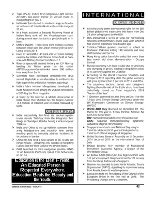 GENERAL AWARENESS – MAY 2015 42
 Tejas (PV-6): India’s first indigenous Light Combat
Aircraft’s two-seater trainer jet version made its
maiden flight on Nov 8.
 Indian Air force tested its medium range surface-to-
air anti-aircraft missile Akash with a strike range of
25 km.
 In a freak accident, a Torpedo Recovery Vessel of
Indian Navy sunk off the Visakhapatnam coast
during a naval exercise due to a probable split in its
base.
 Mithra Shakthi: Three week Joint military exercise
between Indian and Sri Lankan military forces in Sri
Lanka in Nov 2014
 Hand in Hand 2014: 4th Joint anti terrorism military
exercise by Indian and Chinese forces held in Pune
at Aundh Military Station from Nov – 17.
 Rosetta spacecraft created history on 12th Nov by
landing its Philae probe on the comet
67P/Churyumov-Gerasimenko, some 500 million
kms away from Earth.
 Scientists have developed antibiotic-free drug
named Staphefekt as an alternative to antibiotics to
fight against the antibiotics-resistant superbugs
 India’s Mars mission Mangalyaan, developed by
ISRO, has been listed among the 25 best innovations
of 2014 by the Time magazine.
 A study by the Internet & Mobile Association of
India shows that Mumbai has the largest number
16.4 million, of internet users in India, followed by
Delhi.
OCTOBER 2014
 India successfully test-fired its nuclear-capable
cruise missile 'Nirbhay' from the Integrated Test
Range in Chandipur, Odisha, having a strike range of
700 kms.
 India and China to set up hotlines between their
army headquarters and establish new border
meeting posts to amicably address incidents of
incursions on border.
 China has test fired a new variant of its 10,000 km
range missile - Dongfeng-31B, capable of targeting
Europe and the West Coast of the United States.
 ISRO launched its third navigation satellite IRNSS
1C on board its PSLV-C26 rocket from Sriharikota
on Oct 16.
Education is the Best Friend.
An Educated Person is
Respected Everywhere.
Education Beats the Beauty and
the Youth.
I N T E R N A T I O N A L
DECEMBER 2014
 A treaty laying down international rules for the $85
billion global arms trade came into force from Dec
24, after being signed by the USA
 USA announced a series of steps for normalising
relations with communist-ruled Cuba with which it
had severed diplomatic ties decades ago.
 Tehrik-e-Taliban gunmen stormed a school in
Peshawar, Pakistan, killing 140 students and nine
staff members on Dec 16.
 Hong Kong police forcefully ended the more than
two month old street demonstration - Occupy
Central
 Russian economy is in deep trouble due to sanctions
and slumping oil prices, leading to deep fall in value
of its currency against the US dollar.
 According to the World Economic Situation and
Prospects 2015 report by UNO, the global economy
will grow by more than 3 percent in 2015 and 2016.
 The countless doctors, nurses and caregivers
fighting the outbreaks of the Ebola virus, have been
collectively named as Time magazine's 2014
'Person of the Year'.
 112nations gathered in Lima, Peru on Dec 1 for the
12-day ‘Lima Climate Change Conference’ under the
UN Framework Convention on Climate Change-
UNFCCC
 World AIDS Day observed on December 01. The
theme for this year is, 'Focus, Partner, Achieve: An
AIDS-free Generation'.
HIV: Human Immunodeficiency Virus infection
AIDS: Acquired Immunodeficiency Syndrome;
(advanced stage of HIV infection)
 Singapore launched a new National Day song in
Tamil to celebrate its 50 years of independence.
Tamil is 4th official language of Singapore.
 United Nations General Assembly on 5 December
2014 declared 2015 as the International Year of
Soils
 Bhutan became 181st member of Multilateral
Investment Guarantee Agency– a branch of the
World Bank Group.
 An Airbus A320-200 of Air Asia flight QZ8501 with
162 persons aboard disappeared on Dec 28 on way
from Surabaya, Indonesia to Singapore.
 Ukraine has decided to join North Atlantic Treaty
Organisation (NATO), signalling its movement away
from Russia, towards western powers.
 Latvia will hold the Presidency of the Council of the
European Union in the first half of 2015. The
Presidency changes every six months.
 