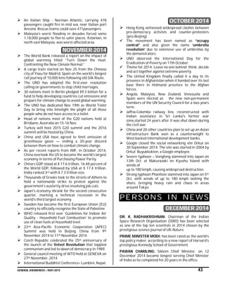 GENERAL AWARENESS – MAY 2015 43
 An Italian Ship - Norman Atlantic, carrying 478
passengers caught fire in mid sea, near Italian port
Ancona. Rescue teams could save 471passengers.
 Malaysia’s worst flooding in decades forced some
1,18,000 people to flee to safer places. Kelantan, in
north east Malaysia, was worst-affected area.
NOVEMBER 2014
 The World Bank released a report on the impact of
global warming titled “Turn Down the Heat:
Confronting the New Climate Normal.”
 A cargo train started on Nov 25 from the Chinese
city of Yiwu for Madrid, Spain on the world’s longest
rail journey of 10,000 kms following old Silk Route.
 The UNO has adopted the first-ever resolution
calling on governments to stop child marriages.
 30 nations meet in Berlin pledged $9.3 billion for a
fund to help developing countries cut emissions and
prepare for climate change to avoid global warming.
 The UNO has dedicated Nov 19th as World Toilet
Day to bring into limelight the plight of all those
people who do not have access to a toilet.
 Head of nations meet of the G20 nations held at
Brisbane, Australia on 15-16 Nov.
 Turkey will host 2015 G20 summit and the 2016
summit will be hosted by China.
 China and USA have agreed to limit emission of
greenhouse gases — ending a 20-year discord
between them on how to combat climate change.
 As per recent reports from IMF, in October 2014,
China overtook the US to become the world’s largest
economy in terms of Purchasing Power Parity.
 China’s GDP stood at $ 17.6 trillion, 16.48 percent of
the World GDP, followed by USA at $ 17.4 trillion.
India ranked 3rd with $ 7.3 trillion size.
 Thousands of Greeks took to the streets of Athens to
hold a nationwide strike to protest against the
government’s austerity drive involving job cuts.
 Japan's economy shrank for the second consecutive
quarter, marking a technical recession in the
world's third largest economy.
 Sweden has become the first European Union (EU)
country to officially recognise the State of Palestine.
 WHO released first ever ‘Guidelines for Indoor Air
Quality - Household Fuel Combustion’ to promote
use of clean fuels at household level.
 22nd Asia-Pacific Economic Cooperation (APEC)
Summit was held in Beijing, China from 9th
November 2014 to 11th November 2014.
 Czech Republic celebrated the 25th anniversary of
the launch of the Velvet Revolution that toppled
communism and led to dawn of democracy in 1989.
 General council meeting of WTO held at GENEVA on
27th November, 2014
 International Buddhist Conference– Lumbini, Nepal.
OCTOBER 2014
 Hong Kong witnessed widespread clashes between
pro-democracy activists and counter-protesters
(pro-Beijing)
 The movement has been named as “occupy
central” and also given the name ‘umbrella
revolution’ due to extensive use of umbrellas by
the demonstrators.
 UNO observed the International Day for the
Eradication of Poverty on 17th October.
 Theme for 2014: Leave no one behind: think, decide
and act together against extreme poverty.
 The United Kingdom finally called it a day to its
presence in Afghanistan when it handed over its last
base there in Helmand province to the Afghan
forces.
 Angola, Malaysia, New Zealand, Venezuela and
Spain were elected as the new non-permanent
members of the UN Security Council for a two years
term.
 Jaffna-Colombo railway line, reconstructed with
Indian assistance in Sri Lanka's former war
zone,started 24 years after it was shut down during
the civil war.
 China and 20 other countries plan to set up an Asian
infrastructure Bank seen as a counterweight to
West backed international development banks.
 Google closed the social networking site Orkut on
30 September 2014. The site was started in 2004 by
Orkut Buyukkokten, a Google employee.
 Severe typhoon – Vongfong slammed into Japan on
13th Oct. at Makurazaki on Kyushu Island with
winds of
up to 180 kmph, causing widespread destruction.
 Strong typhoon Phanfone slammed into Japan on 5th
Oct. with winds of up to 180 kmph lashing the
shore, bringing heavy rain and chaos in areas
around Tokyo.
PERSONS IN NEWS
DECEMBER 2014
DR. K. RADHAKRISHNAN: Chairman of the Indian
Space Research Organisation (ISRO) has been selected
as one of the top ten scientists in 2014 chosen by the
prestigious science journal of UK-Nature.
PRIME MINISTER MODI: has been rated as the world’s
top policy maker, according to a new report of Harvard’s
prestigious Kennedy School of Government.
PAWAN CHAMLING: Sikkim Chief Minister, on 12
December 2014 became longest serving Chief Minister
of India as he completed his 20 years in the office.
 