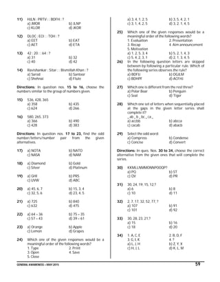 GENERAL AWARENESS – MAY 2015 59
11) HJLN : PRTV : : BDFH : ?
a) JMOR b) JLNP
c) KLOR d) JKOR
12) DLOC : ECI : : TOH : ?
a) EET b) EAT
c) AET d) ETA
13) 42 : 20 : : 64 : ?
a) 31 b) 32
c) 40 d) 42
14) Ravishankar : Sitar : : Bismillah Khan : ?
a) Sarod b) Santoor
c) Shehnai d) Flute
Directions: In question nos. 15 to 16, choose the
numbers similar to the group of numbers given.
15) 536, 428, 365
a) 358 b) 435
c) 624 d) 266
16) 580, 265, 373
a) 366 b) 490
c) 428 d) 383
Directions: In question nos. 17 to 23, find the odd
number/letters/number pair from the given
alternatives.
17) a) NOTA b) NATO
c) NASA d) NAM
18) a) Diamond b) Gold
c) Silver d) Platinum
19) a) GHI b) PRS
c) UVW d) ABC
20) a) 45, 6, 7 b) 15, 3, 4
c) 32, 5, 6 d) 23, 4, 5
21) a) 725 b) 840
c) 632 d) 475
22) a) 64 – 36 b) 75 – 35
c) 57 – 43 d) 39 – 61
23) a) Orange b) Apple
c) Lemon d) Grapes
24) Which one of the given responses would be a
meaningful order of the following words?
1. Type 2. Print
3. Open 4. Save
5. Close
a) 3, 4, 1, 2, 5 b) 3, 5, 4, 2, 1
c) 3, 1, 4, 2, 5 d) 3, 2. 1, 4, 5
25) Which one of the given responses would be a
meaningful order of the following words?
1. Evaluation 2. Presentation
3. Recap 4. Aim announcement
5. Motivation
a) 1, 2, 5, 3, 4 b) 5, 2, 1, 4, 3
c) 5, 4, 2, 3, 1 d) 2, 1, 3, 4, 5
26) In the following question letters are skipped
between by following a particular rule. Which of
the following series observes the rule?
a) BDFIJ b) DGJLM
c) BDHPF d) ACFHJ
27) Which one is different from the rest three?
a) Polar Bear b) Penguin
c) Seal d) Tiger
28) Which one set of letters when sequentially placed
at the gaps in the given letter series shall
complete it?
_ ab _ b _ bc _ ca _
a) accbb b) abcca
c) cacab d) abacb
29) Select the odd word:
a) Compress b) Condense
c) Concise d) Convert
Directions: In ques. Nos. 30 to 34, choose the correct
alternative from the given ones that will complete the
series.
30) KKMLLNMMONNPOOQP?
a) PQ b) ST
c) QV d) PR
31) 30, 24, 19, 15, 12,?
a) 6 b) 8
c) 10 d) 11
32) 2, 7, 17, 32, 52, 77, ?
a) 107 b) 91
c) 101 d) 92
33) 30, 28, 23, 21,?
a) 15 b) 16
c) 18 d) 20
34) 1. A, C, E 2. B, D, F
3. G, I, K 4. ?
a) L, J, H b) Z, Y, X
c) H, J, L d) K, L, M
 