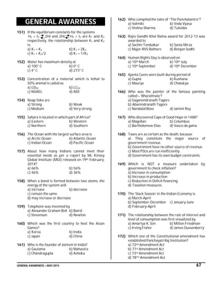 GENERAL AWARENESS – MAY 2015 67
GENERAL AWARNESS
151) If the equilibrium constants for the systems
H2 + I2 2HI and 2HI H2 + I2 are K1 and K2
respectively, the relationship between K1 and K2
is:
a) K1 = K2 b) K1 = 2K2
c) K1 = K2/2 d) K1 = 1/K2
152) Water has maximum density at
a) 100° C b) 0° C
c) 4° C d) 273° C
153) Concentration of a material which is lethal to
50% animal is called as
a) LD50 b) LC50
c) NOAEL d) ADI
154) Neap tides are
a) Strong b) Weak
c) Medium d) Very strong
155) Sahara is located in which part of Africa?
a) Eastern b) Western
c) Northern d) Southern
156) The Ocean with the largest surface area is
a) Arctic Ocean b) Atlantic Ocean
c) Indian Ocean d) Pacific Ocean
157) About how many Indians cannot meet their
essential needs as per a report by Mc Kinsey
Global Institute (MGI) released on 19th February,
2014?
a) 66% b) 56%
c) 46% d) 36%
158) When a bond is formed between two atoms, the
energy of the system will
a) increase b) decrease
c) remain the same
d) may increase or decrease
159) Telephone was invented by
a) Alexander Graham Bell b) Baird
c) Stevenson d) Newton
160) Which was the first country to host the Asian
Games?
a) Korea b) India
c) Japan d) China
161) Who is the founder of Jainism in India?
a) Gautama b) Mahavira
c) Chandragupta d) Ashoka
162) Who compiled the tales of “The Panchatantra”?
a) Valmiki b) Veda Vyasa
c) Vishnu Sharma d) Tulsidas
163) Rajiv Gandhi Khel Ratna award for 2012-13 was
awarded to
a) Sachin Tendulkar b) Sania Mirza
c) Major RVS Rathore d) Ronjan Sodhi
164) Human Rights Day is observed on
a) 10th March b) 10th July
c) 10th September d) 10th December
165) Ajanta Caves were built during period of
a) Gupta b) Kushana
c) Maurya d) Chalukya
166) Who was the painter of the famous painting
called – ‘Bharatmata’?
a) Gaganendranath Tagore
b) Abanindranath Tagore
c) Nandalal Bose d) Jamini Roy
167) Who discovered Cape of Good Hope in 1488?
a) Magellan b) Columbus
c) Bartholomew Dias d) Vasco da gama
168) Taxes are as certain as the death, because
a) They constitute the major source of
government revenue.
b) Government have no other source of revenue.
c) Most PSUs are run inefficiently.
d) Government has its own budget constraints.
169) Which is NOT a measure undertaken by
government to check inflation?
a) Increase in consumption
b) Increase in production
c) Reduction in Deficit financing
d) Taxation measures.
170) The ‘Slack Season’ in the Indian Economy is
a) March-April
b) September-December c) January-June
d) February-April
171) The relationship between the rate of interest and
level of consumption was first visualized by
a) Amartya K. Sen b) Milton Friedman
c) Irving Fisher d) James Duesenberry
172) Which one of the Constitutional amendment has
established Panchayati Raj Institution?
a) 72nd Amendment Act
b) 71st Amendment Act
c) 73rd Amendment Act
d) 78TH Amendment Act
 