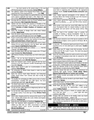 GENERAL AWARENESS – MAY 2015 94
630) _______ has been named as the women player of the year
2014 by International Tennis Federation: Serena Williams
631) The authorize capital of the Regional Rural Banks has been
raised from Rs.5 crore at present to Rs. _______ crore: 2000
632) The Ministry of Corporate Affairs has advised that the new IFRS
norms shall be applicable from April 1, 2015. What is the full
form of IFRS: International Financial Reporting Standards
633) Recently RBI has released a new set of norms defining which
type of borrowers: Non Cooperative Borrowers
634) Jyotsna Suri has recently been elected as President of the
prominent national trade body – FICCI. What is the full form of
FICCI: Federation of Indian Chambers of Commerce and
Industry
635) Name the President of Bangla Desh who visited Kolkata
recently: Abdul Hamid
636) Name the NASA’s planet-hunting spacecraft which discovered a
‘super-Earth’ located 180 light-years from Earth: Kepler
637) As per a recent survey which are the two top culprits for highest
global carbon-dioxide emissions from burning of fossil fuels:
China and United States– 29and 15 per cent
638) British Queen has honoured noted Pakistan-born poetess Imtiaz
Dharker for her poetry collection ‘Over the Moon’ with which
award: Queen’s Gold Medal for Poetry 2014
639) Joe Cocker who died recently was a famous ________ from the
Colorado, USA: Rock Singer
640) Name the Indian player who won silver medal at the 17th Asian
Luge Championship: Shiva Keshavan
641) 58th National Shooting Championships was held in which place:
Pune
642) Vinicius – the cat, has been declared as mascot for which
international sports event: 2016 Rio Olympics
643) Name the European space mission spacecraft that has been
declared as the most important scientific Breakthrough of the
Year 2014: Rosetta
644) Bharat Ratna Award is given on recommendation of which
authority: Prime Minister
645) The declaration for Bharat Ratna Award is made by which
authority: President
646) Name the eminent South Indian filmmaker and Dadasaheb
Phalke Award winner from Chennai who died recently: K.
Balachander
647) The deadline for exchanging pre-2005 currency notes of various
denominations, including 500 and 1,000 rupees, has been
extended upto which date: June 30, 2015
648) The World Youth Under-16 Chess Olympiad at Gyor in Hungary
was won by which country: India
649) For the first time, India exported an indigenously built war ship
to which country: Mauritius
650) For the first time, India exported an indigenously built war ship
to a foreign country. It was what type of ship: Offshore Patrol
Vessel
651) Which online shopping portal has announced the launch of ‘Agri
Store’, offering online products like seeds, fertilizer and irrigation
tools etc.: Snapdeal.com
652) Name the new Chief Minister of Jharkhand: Raghubar Das
653) Govt. has launched which programme to cover all those
children by 2020 who are either unvaccinated or partially
vaccinated against seven vaccine preventable diseases:
Mission Indradhnaush
654) Government has decided to set-up _______________to provide
counseling to consumers in redressal of their grievances and
assist them in registering their complaints in the appropriate
consumer forums: Grahak Suvidha Kendras (Consumer care
centres)
655) Union Cabinet approved promulgation of the ordinance on
Insurance Bill to raise foreign investment cap in the insurance
sector from 26 to _________ per cent: 49
656) Union Cabinet opened the medical devices sector to foreign
investment by allowing ______per cent FDI in these devices:
100
657) Which private sector bank has raised $200 million loan from
Asian Development Bank for onward lending to small farm
households and rural women self help groups (SHGs): Yes
Bank
658) Name the head of the committee setup to examine the
possibility of forming a Special Investigation Team for re
investigation of the 1984 anti-Sikh riot cases: Justice G P
Mathur
659) Who has been selected as one of the top ten scientists in 2014
chosen by the prestigious science journal of UK-Nature: Dr. K.
Radhakrishnan
660) A new train - The Sushaasan (good governance) Express was
launched on Dec 25, from which place to which place: Gwalior
to Gonda
661) Ankita Raina won ITF singles tennis title becoming the first
Indian to win this title in past 14 years. This match was played
at which place: Pune
662) Name the cricketer who broke the world record for most number
of stumpings in international cricket after he claimed his 134th
victim: M S Dhoni
663) Which country has been assigned the Presidency of the Council
of the European Union for the first half of 2015: Latvia
664) Which southeastern country suffered worst flooding in decades
forcing some 1,18,000 people to flee to safer places: Malaysia
665) Name the wheeled version of the unmanned aerial vehicle
(UAV) Nishant, recently tested by DRDO: Panchi
666) Name the mission that aims at creating an environment for
producing high quality teachers: Pandit Madan Mohan
Malaviya National Mission on Teachers and Teaching
667) Which country recently successfully test fired its Angara-A5
rocket: Russia
668) Name the country that has decided to join North Atlantic Treaty
Organization: Ukraine
669) Which Indian bowler has been banned by BCCI as his bowling
action was found illegal: Pragyan Ojha
670) World Bank will lend Rs 475 crore ($75 million) to the
___________Government for implementing a rural growth
project: Andhra Pradesh
671) The Reserve Bank released a charter of customer rights on
Dec.3 that lays down ____________basic rights that bank
customers enjoy: Five
672) Pragyan Ojha was banned as his bowling action was found
illegal, flexing elbow beyond ___degrees: 15
673) Pandit Madan Mohan Malaviya National Mission on Teachers
and Teaching was launched on 25th December at which place:
BHU, Varanasi
NOVEMBER – 2014
674) Julian Burnside, Human rights advocate and barrister from
Australia was honoured recently with which international prize:
 
