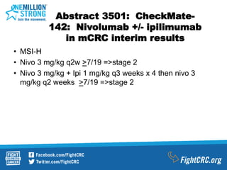 Abstract 3501: CheckMate-
142: Nivolumab +/- ipilimumab
in mCRC interim results
• MSI-H
• Nivo 3 mg/kg q2w >7/19 =>stage 2
• Nivo 3 mg/kg + Ipi 1 mg/kg q3 weeks x 4 then nivo 3
mg/kg q2 weeks >7/19 =>stage 2
 