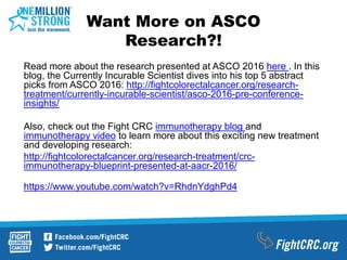 Want More on ASCO
Research?!
Read more about the research presented at ASCO 2016 here . In this
blog, the Currently Incurable Scientist dives into his top 5 abstract
picks from ASCO 2016: http://fightcolorectalcancer.org/research-
treatment/currently-incurable-scientist/asco-2016-pre-conference-
insights/
Also, check out the Fight CRC immunotherapy blog and
immunotherapy video to learn more about this exciting new treatment
and developing research:
http://fightcolorectalcancer.org/research-treatment/crc-
immunotherapy-blueprint-presented-at-aacr-2016/
https://www.youtube.com/watch?v=RhdnYdghPd4
 