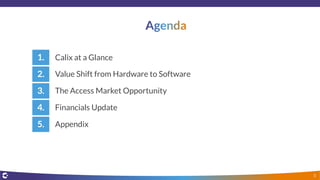 3
1.
2.
3.
4.
Calix at a Glance
Value Shift from Hardware to Software
The Access Market Opportunity
Financials Update
5. Appendix
 