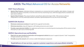 FAST. Time to Revenue
 Speed of New Features. Individual software components are containerized which simplifies adds /deletes /changes and
eliminates the need to constantly re-test the entire OS, thus maximizing reuse, while leveraging industry standards and
open source software
 Speed of New Products. The unique hardware and software abstraction layers (HAL / SAL) preserve software
independence from the underlying hardware and allow rapid development for any new access technology
ALWAYS ON. Resilient
 Eliminates maintenance windows through the live upgrade functionality
 Minimizes downtime using self-diagnosis, self-healing and process auto-restart
 Provides unprecedented visibility into application performance via monitoring and streaming data off the systems to feed
third-party or open source monitoring tools
SIMPLE. Operational ease and flexibility
 Plugs into any open standard orchestration and management solution because it supports dynamic “state” manipulation
through standard, open interfaces
 Portable across the network with common, stable field deployed components
Rapid delivery of new services, superior customer experience and unparalleled reliability
9
 