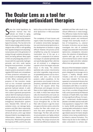 S
ince the initial hypothesis by
Denham Harman that free
radicals are linked to aging,
60 years of research have focused on
unravelling the relationship between
reactive oxygen species (ROS) and bio-
logical function(s). This has led to the
field of redox biology, where the phys-
iological roles of ROS in cell signalling
that regulate biological and physiolog-
ical processes and in the generation of
energy through oxidative phosphory-
lation are being defined. Many types
of ROS are physiologically present in
tissues with the superoxide, hydrogen
peroxide, and nitric oxide species
being the most prominent. A number
of endogenous antioxidant and
enzyme systems are present in cells to
regulate ROS levels and a breakdown
of these protective antioxidant sys-
tems results in an elevated generation
of ROS. When combined with the
presence of free transition metals
such as iron, increased superoxide
and hydrogen peroxide radicals can
generate hydroxyl radicals. In addi-
tion, superoxide can also react with
nitric oxide to generate peroxynitrite
radical. Both the hydroxyl and perox-
ynitrite radicals are very toxic radicals,
although very short lived, for which no
endogenous detoxification systems
exist. Elevated ROS, referred to as
oxidative stress, can damage lipids,
proteins and DNA. Most importantly,
increased ROS has been detected in
almost all cancers, and in age related
diseases linked to neurodegeneration,
inflammation, diabetes, and vision/
sensory loss. Mitochondria generate
the majority of ROS, and this has also
led to a focus on the role of mitochon-
drial dysfunction in ROS-associated
pathology.
The complexity of most tissues and
organs makes elucidating the role(s)
of oxidative stress/redox dysregula-
tion and mitochondrial dysfunction in
the development of disease or aging
difficult. However, this process can be
simplified by using the transparent
mammalian lens of the eye as a
model. It is composed of an anterior
monolayer of cuboidal epithelial cells
and specifically aligned fiber cells that
are all enclosed in a collagenous
capsule to form the largest avascular
tissue in the body. The anterior
epithelial cells contain mitochondria
and other organelles, large amounts
of cytoskeletal proteins such as micro-
tubules and actin, and structural
proteins called crystallines. At the
germinative zone located in the lens
periphery, epithelial cells divide and
move to the equator where they
differentiate and elongate into lens
fibers to form highly ordered concen-
tric shells. In these new mature fiber
cells, the mitochondria and nuclei are
lost and new and different crystalline
proteins are produced. This process
occurs throughout life, so that the
fiber cells increase in age the closer
one goes to the lens centre, and at the
nucleus the fiber cells contain pro-
teins that were synthesised at the
foetal stage. The fiber cells and their
structural proteins are highly ordered
and this order must be maintained for
lens clarity. The unique structure and
biochemical differences between the
epithelial and fiber cells result in sig-
nificant differences in redox biology.
This difference makes the lens highly
susceptible to oxidative stress, causing
irreversible protein and membrane
changes that eventually results in
loss of transparency, i.e., cataract
formation. In the lens, one can clearly
investigate the role of oxidative
changes associated with mitochondrial
dysfunction, endoplasmic reticulum
stress, the reduction of detoxification
systems with age, and the role of
environmental factors which include
exposure to light and other radiation
effects that can generate radicals.
Because of the link between oxidative
stress and age-related diseases, pro-
grams designed to encourage one to
acquire a healthy lifestyle which
includes a diet rich in antioxidants
have been initiated. This has also
spawned a nutraceutical industry that
provides the consumer with natural
antioxidants with little or no demon-
strated evidence for their product effi-
cacy. In fact, a number of large clinical
trials, some sponsored by the National
Institutes of Health (NIH), have failed
to show significant efficacy. For exam-
ple, 7 randomised, double-masked,
placebo-controlled cataract trials with
trial populations ranging from 1,000
to nearly 40,000 participants orally
receiving select antioxidants or vitamin
formulations have failed to reduce
age-related cataract formation despite
oxidative stress being established to
be linked to cataract formation. This
failure may be due to the inability of
select antioxidants to achieve ade-
www.adjacentgovernment.co.uk46
The Ocular Lens as a tool for
developing antioxidant therapies
PROFILE
 
