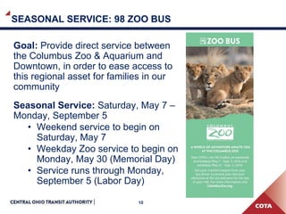 10
SEASONAL SERVICE: 98 ZOO BUS
Goal: Provide direct service between
the Columbus Zoo & Aquarium and
Downtown, in order to ease access to
this regional asset for families in our
community
Seasonal Service: Saturday, May 7 –
Monday, September 5
• Weekend service to begin on
Saturday, May 7
• Weekday Zoo service to begin on
Monday, May 30 (Memorial Day)
• Service runs through Monday,
September 5 (Labor Day)
 