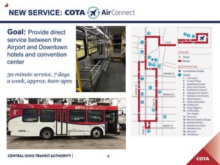 8
NEW SERVICE:
Goal: Provide direct
service between the
Airport and Downtown
hotels and convention
center
30 minute service, 7 days
a week, approx. 6am-9pm
 