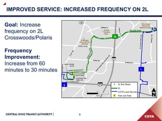 9
IMPROVED SERVICE: INCREASED FREQUENCY ON 2L
Goal: Increase
frequency on 2L
Crosswoods/Polaris
Frequency
Improvement:
Increase from 60
minutes to 30 minutes
 