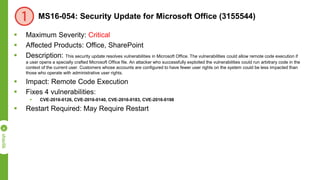 MS16-054: Security Update for Microsoft Office (3155544)
 Maximum Severity: Critical
 Affected Products: Office, SharePoint
 Description: This security update resolves vulnerabilities in Microsoft Office. The vulnerabilities could allow remote code execution if
a user opens a specially crafted Microsoft Office file. An attacker who successfully exploited the vulnerabilities could run arbitrary code in the
context of the current user. Customers whose accounts are configured to have fewer user rights on the system could be less impacted than
those who operate with administrative user rights.
 Impact: Remote Code Execution
 Fixes 4 vulnerabilities:
 CVE-2016-0126, CVE-2016-0140, CVE-2016-0183, CVE-2016-0198
 Restart Required: May Require Restart
 